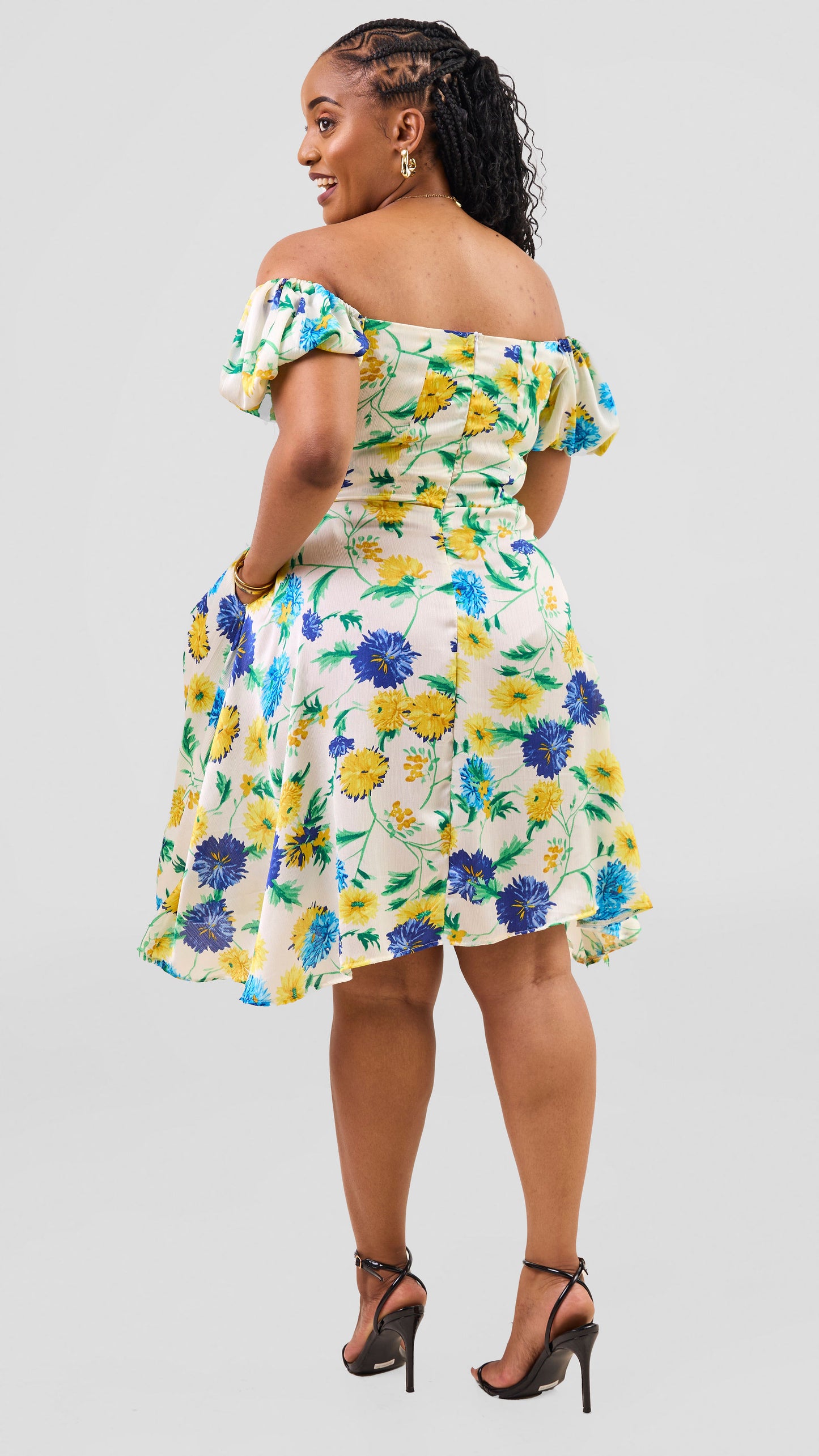 Sasha Blossom Floral Dress – Abstract White and Blue Print