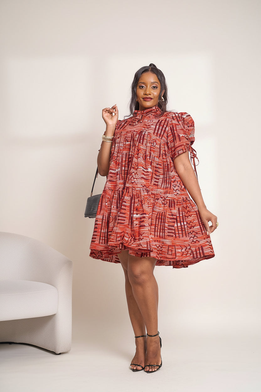 Jamila Ankara Dress - Abstract Orange Motif