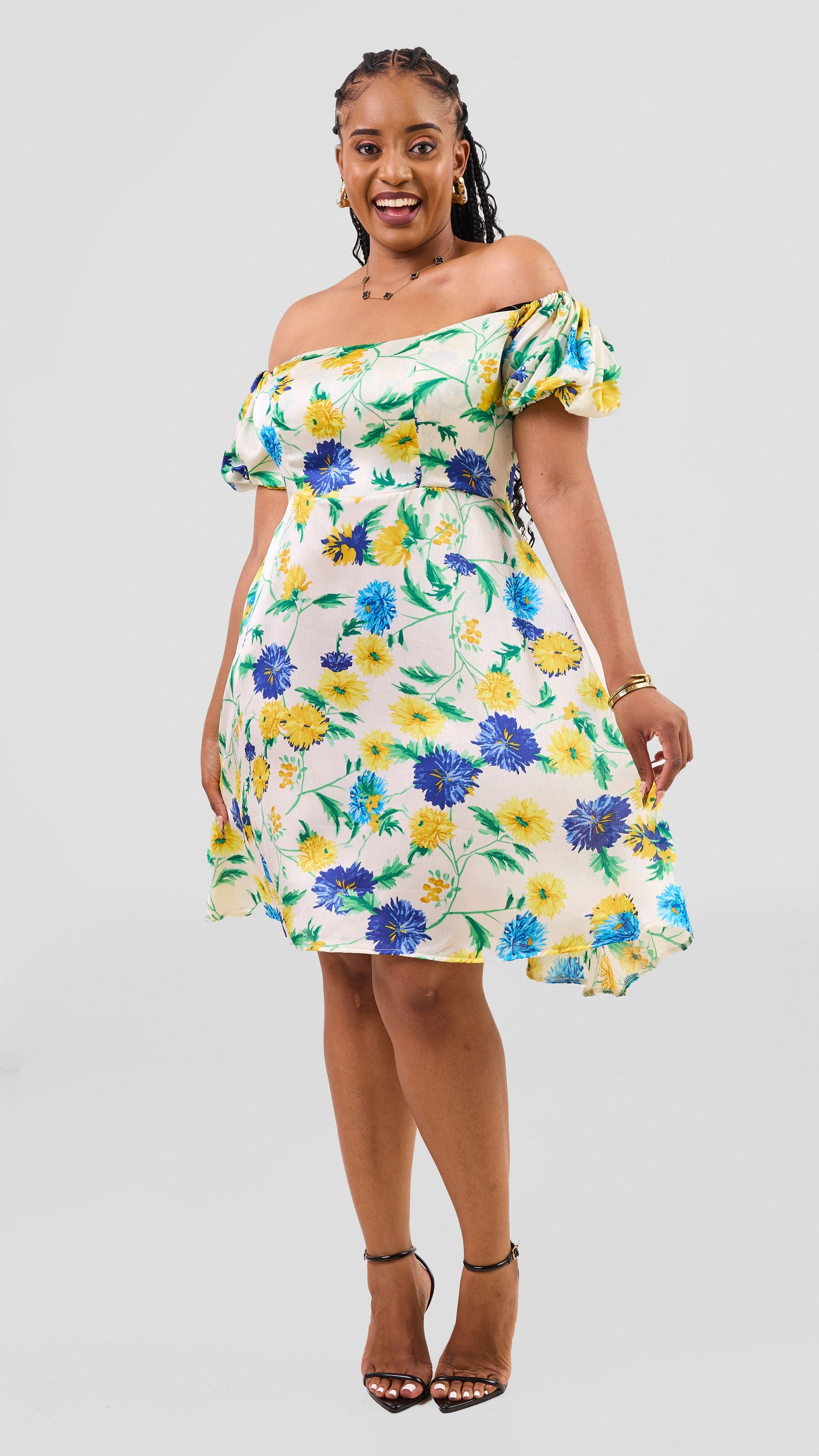 Sasha Blossom Floral Dress – Abstract White and Blue Print
