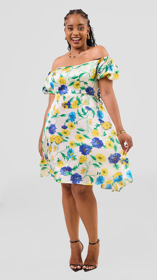 Sasha Blossom Floral Dress – Abstract White and Blue Print