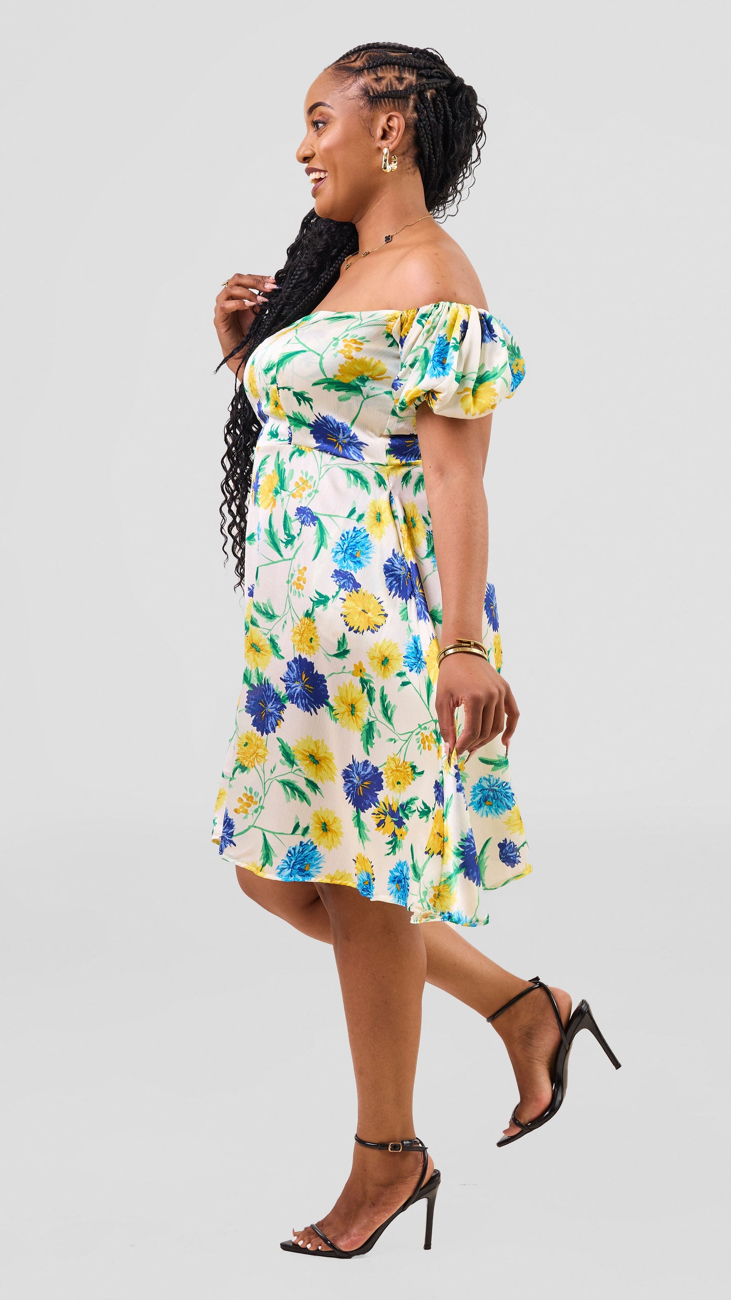Sasha Blossom Floral Dress – Abstract White and Blue Print