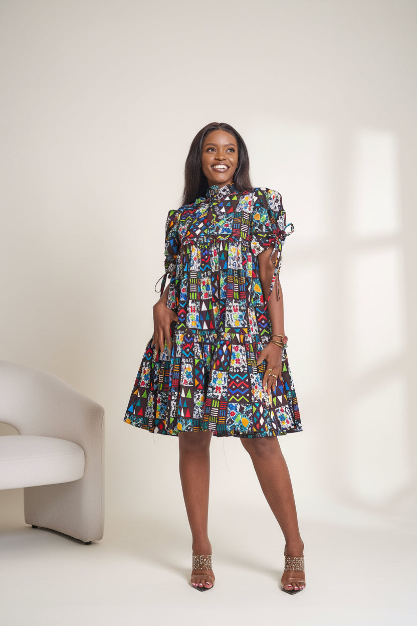 Jamila Ankara Dress - Multicolored Tribal Print
