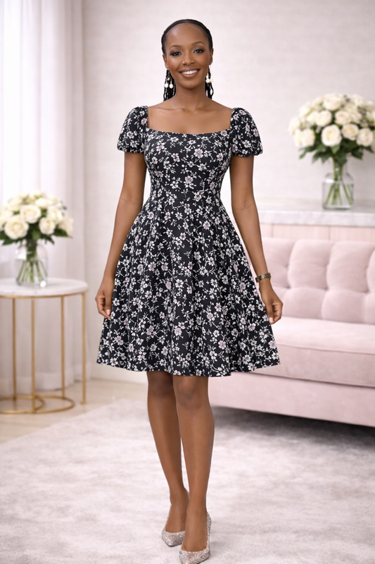 Sasha Blossom Floral Dress – Black & White Floral Print