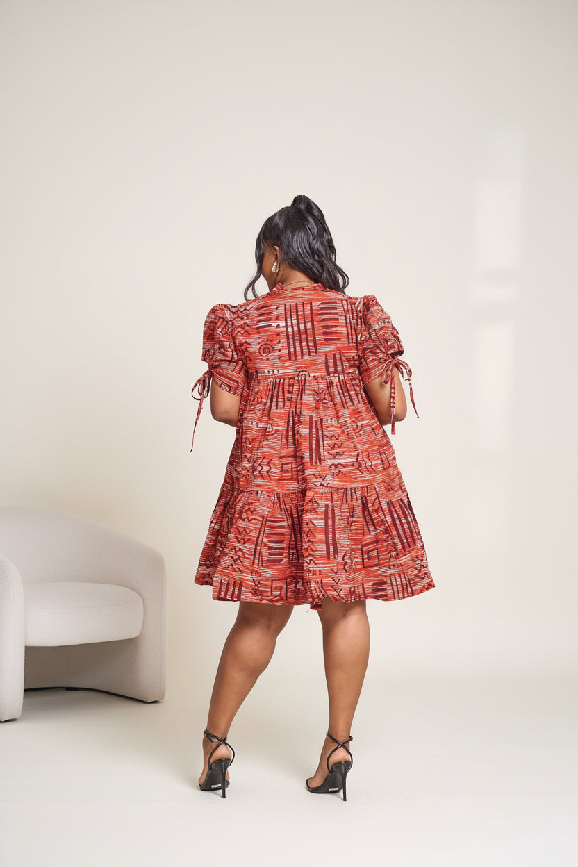 Jamila Ankara Dress - Abstract Orange Motif