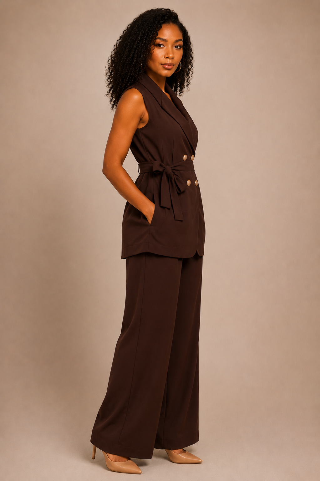 Victoria Wide-Leg Pants Set - Chocolate Brown