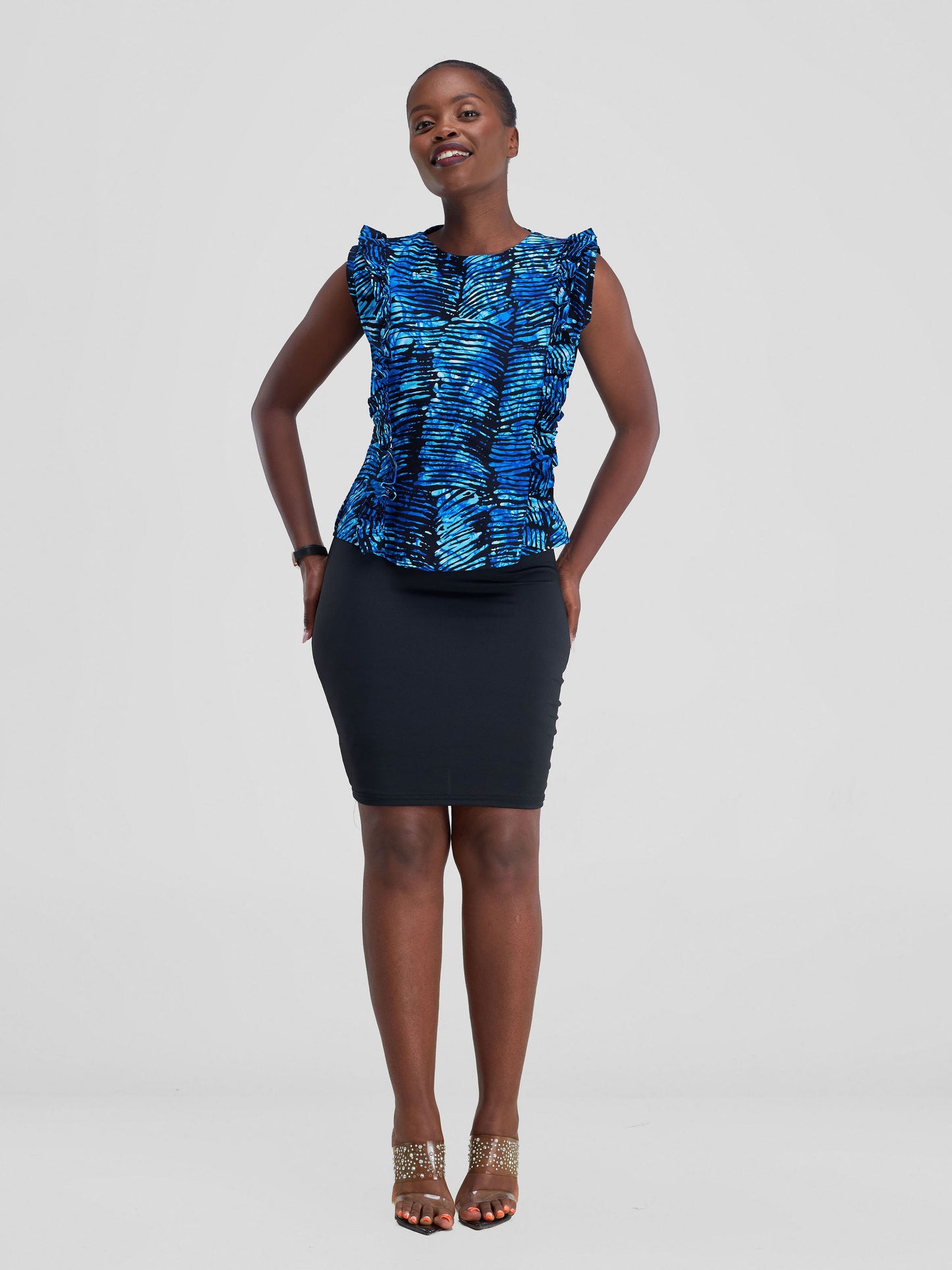 Zara Ankara Ruffle Top - Blue Print