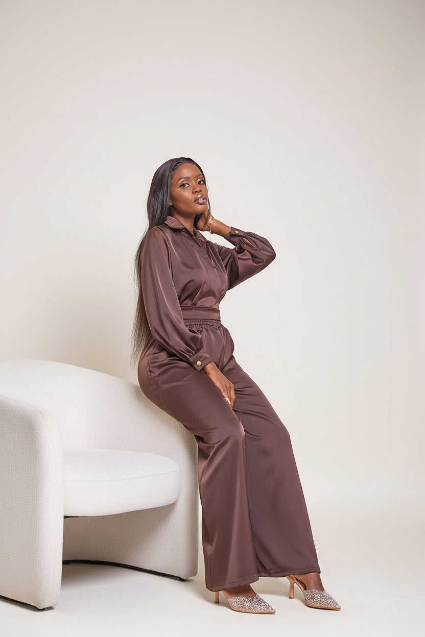 Noelle Wide Leg Jumpsuit - Chocolate Brown